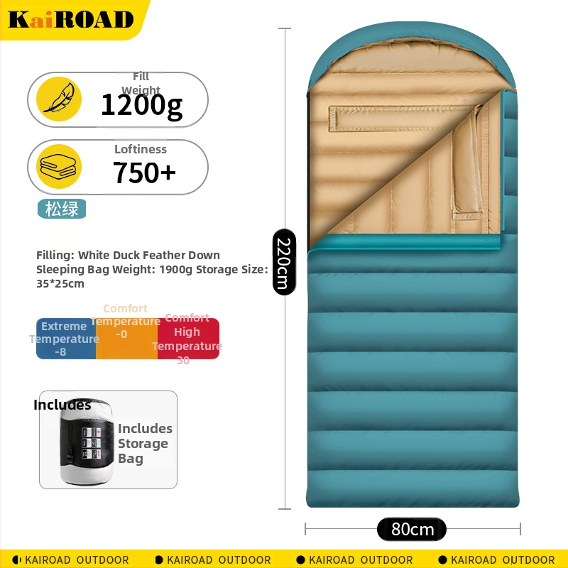 Spací vak s kačacím perím pre vonkajšie použitie – obálkový štýl, podšívka 320T šetrná k pokožke CHUNYA, vonkajší materiál 320T nepremokavný nylon, hmotnosť 4000 g
