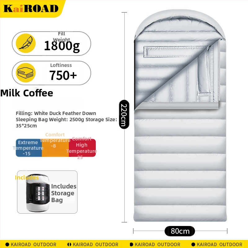 Spací vak s kačacím perím pre vonkajšie použitie – obálkový štýl, podšívka 320T šetrná k pokožke CHUNYA, vonkajší materiál 320T nepremokavný nylon, hmotnosť 4000 g