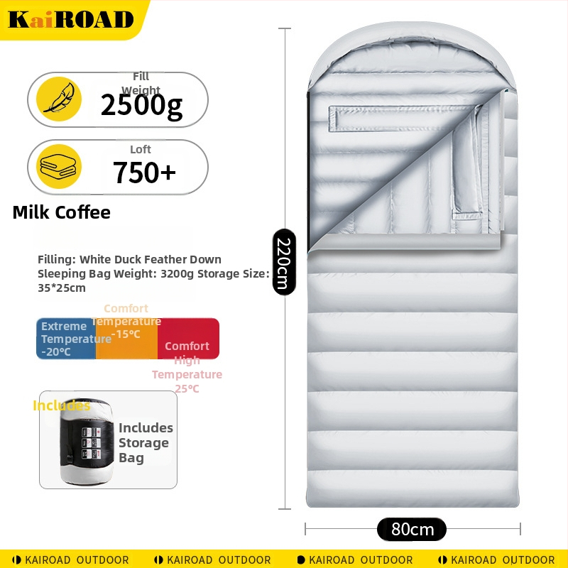 Spací vak s kačacím perím pre vonkajšie použitie – obálkový štýl, podšívka 320T šetrná k pokožke CHUNYA, vonkajší materiál 320T nepremokavný nylon, hmotnosť 4000 g