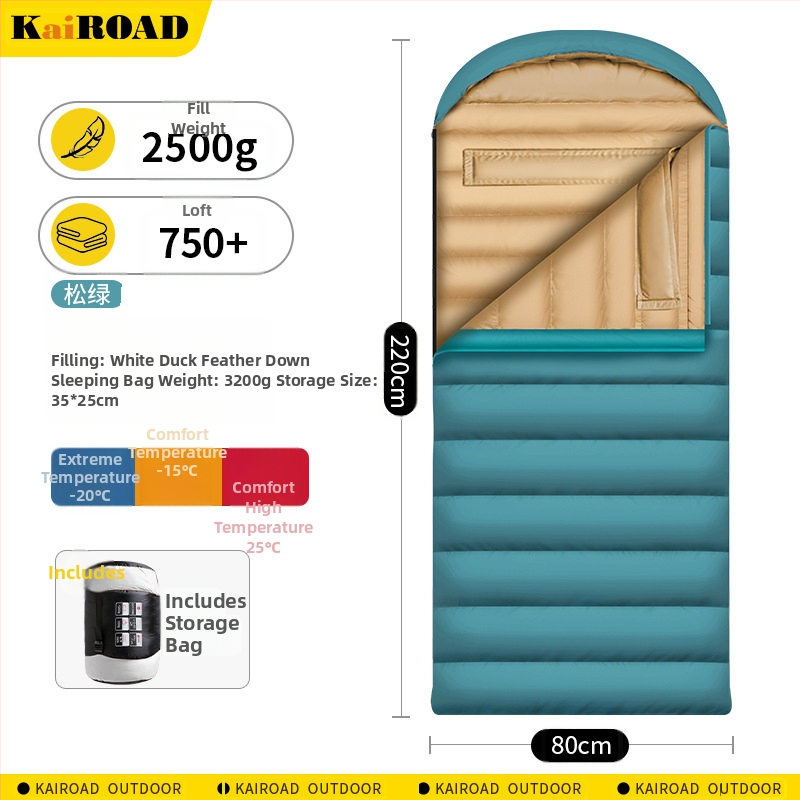 Spací vak s kačacím perím pre vonkajšie použitie – obálkový štýl, podšívka 320T šetrná k pokožke CHUNYA, vonkajší materiál 320T nepremokavný nylon, hmotnosť 4000 g