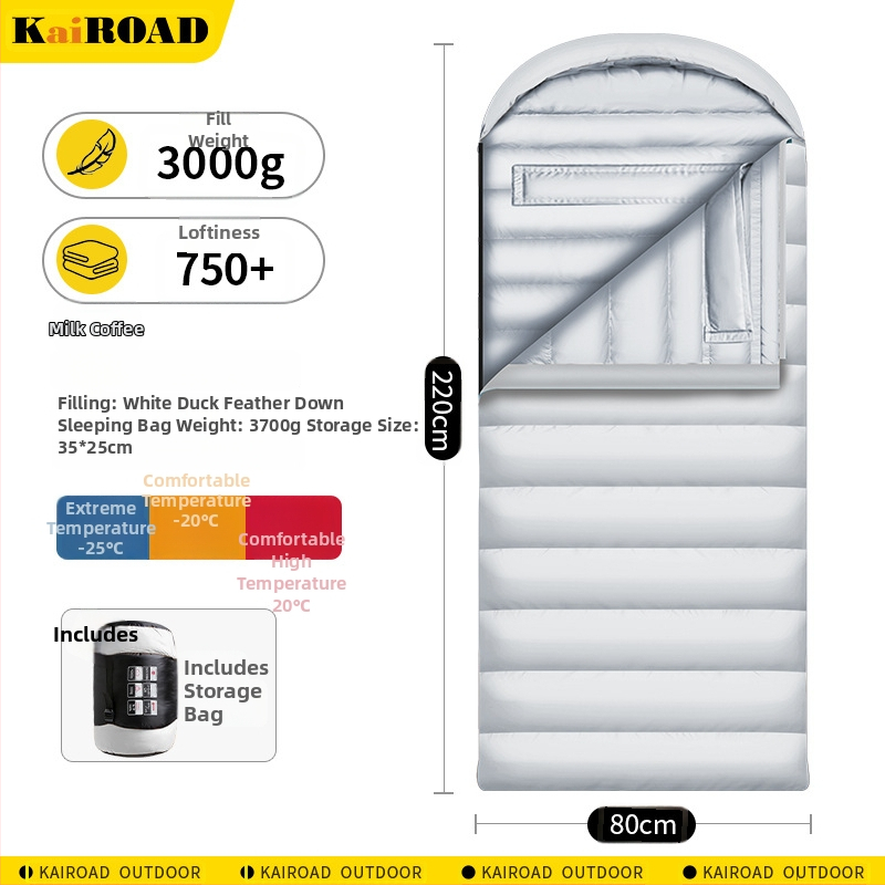 Spací vak s kačacím perím pre vonkajšie použitie – obálkový štýl, podšívka 320T šetrná k pokožke CHUNYA, vonkajší materiál 320T nepremokavný nylon, hmotnosť 4000 g