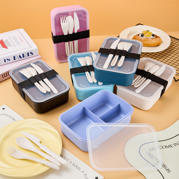 Ebédes doboz lezárható rekeszekkel, PP anyagú búzaszálas műanyagból, téglalap alakú, 1–2 L kapacitás, egy vagy két réteg