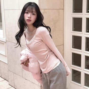 Korejskog stila top s dugim rukavima i čvorom leptira – pamuk mješavina, blok boja, patchwork, U izrez, kratka duljina