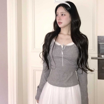 Korejskog stila top s dugim rukavima i čvorom leptira – pamuk mješavina, blok boja, patchwork, U izrez, kratka duljina