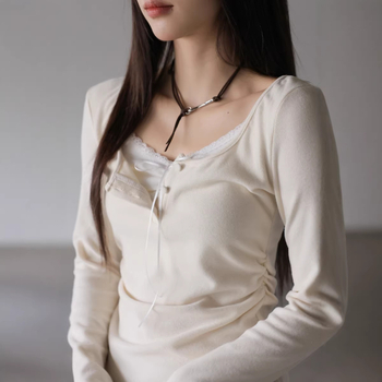 Korejskog stila top s dugim rukavima i čvorom leptira – pamuk mješavina, blok boja, patchwork, U izrez, kratka duljina