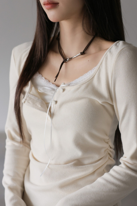 Korejskog stila top s dugim rukavima i čvorom leptira – pamuk mješavina, blok boja, patchwork, U izrez, kratka duljina