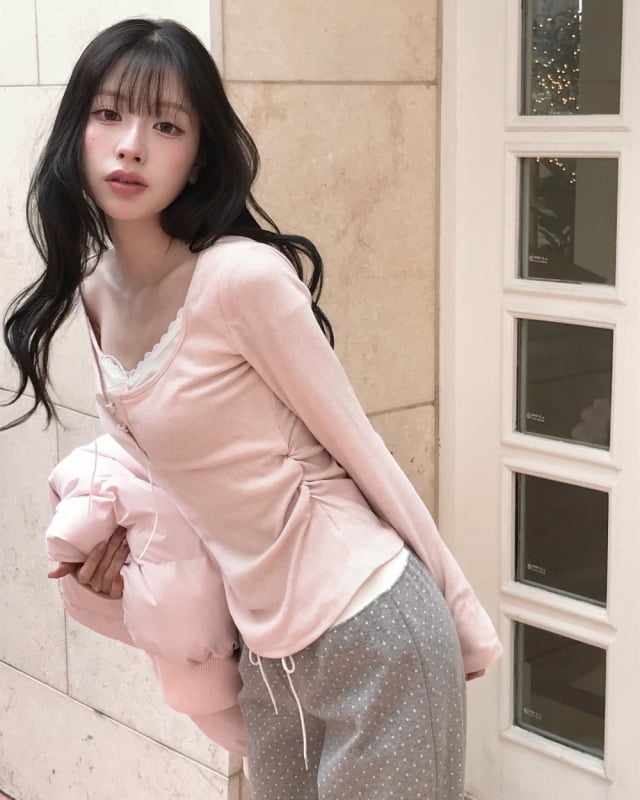 Korejskog stila top s dugim rukavima i čvorom leptira – pamuk mješavina, blok boja, patchwork, U izrez, kratka duljina