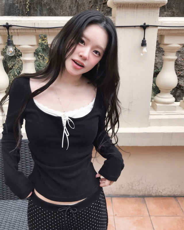 Korejskog stila top s dugim rukavima i čvorom leptira – pamuk mješavina, blok boja, patchwork, U izrez, kratka duljina