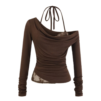 Poliesterska majica s dugim rukavima, čipkasti halter, uski kroj, kratka duljina