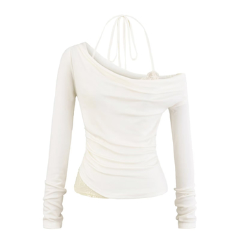 Poliesterska majica s dugim rukavima, čipkasti halter, uski kroj, kratka duljina