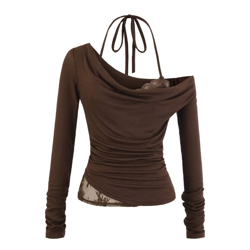 Poliesterska majica s dugim rukavima, čipkasti halter, uski kroj, kratka duljina