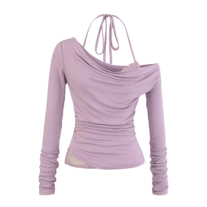 Poliesterska majica s dugim rukavima, čipkasti halter, uski kroj, kratka duljina