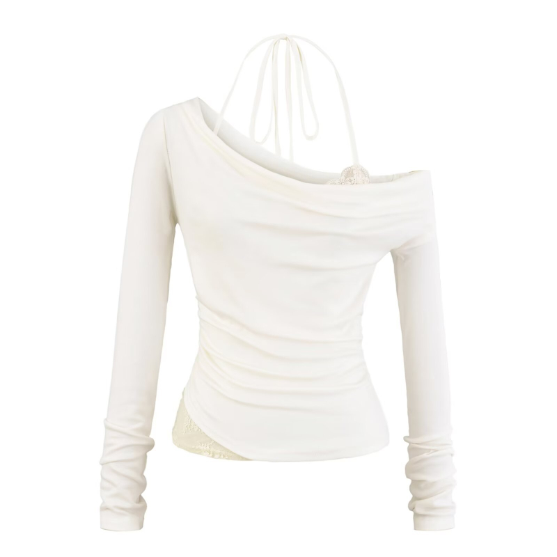 Poliesterska majica s dugim rukavima, čipkasti halter, uski kroj, kratka duljina