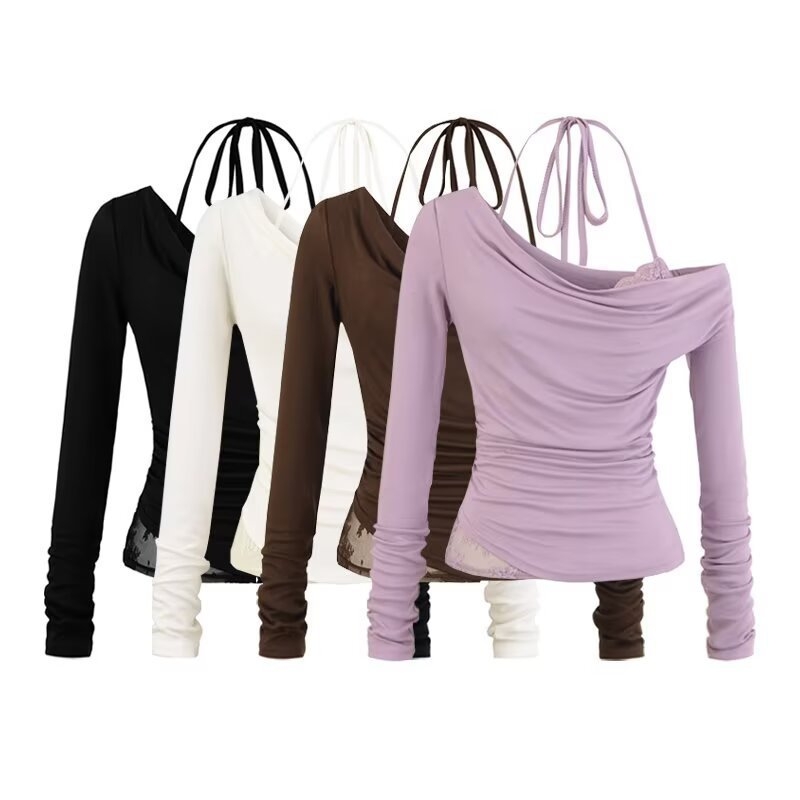 Poliesterska majica s dugim rukavima, čipkasti halter, uski kroj, kratka duljina