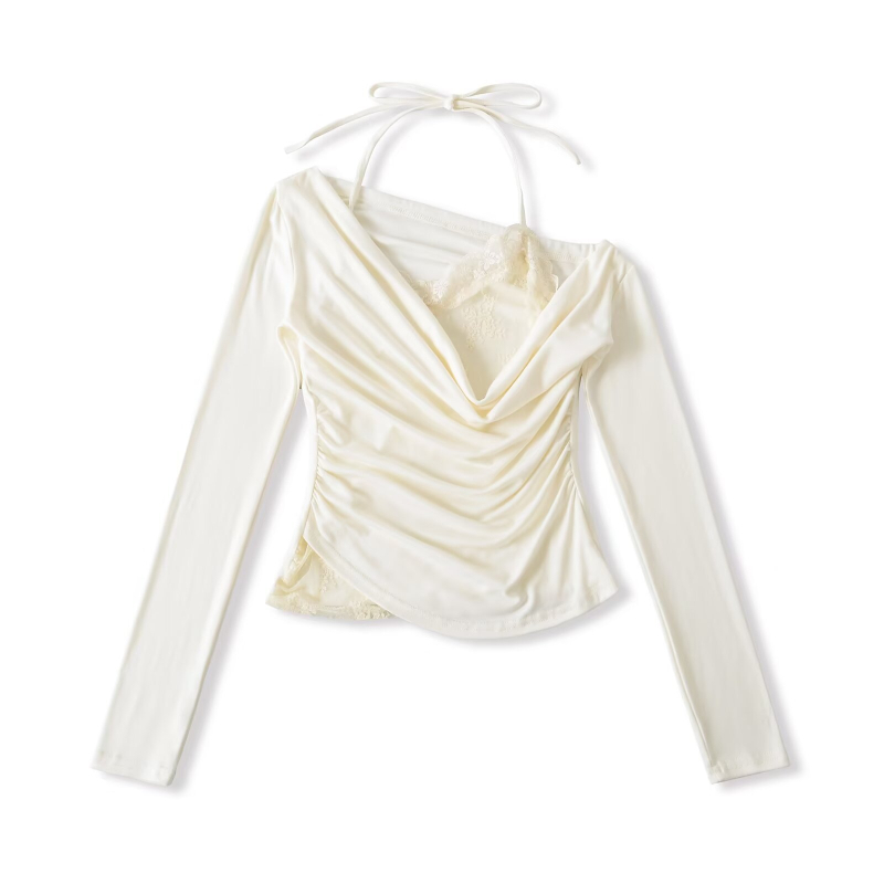 Poliesterska majica s dugim rukavima, čipkasti halter, uski kroj, kratka duljina