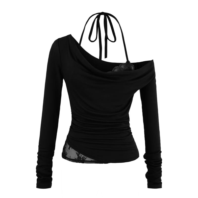 Poliesterska majica s dugim rukavima, čipkasti halter, uski kroj, kratka duljina