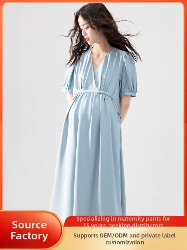 Φόρεμα εγκύου με V-λαιμό, midi Α-γραμμή, πολυεστέρας, quilted