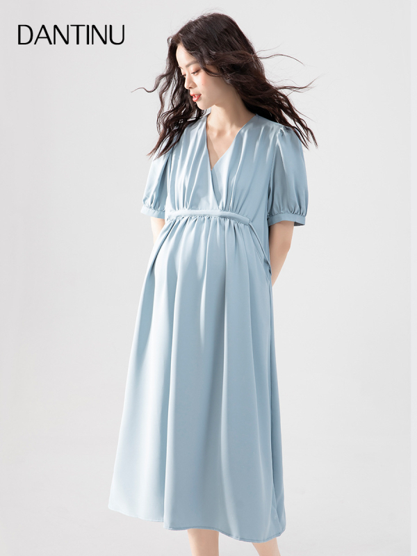 Φόρεμα εγκύου με V-λαιμό, midi Α-γραμμή, πολυεστέρας, quilted