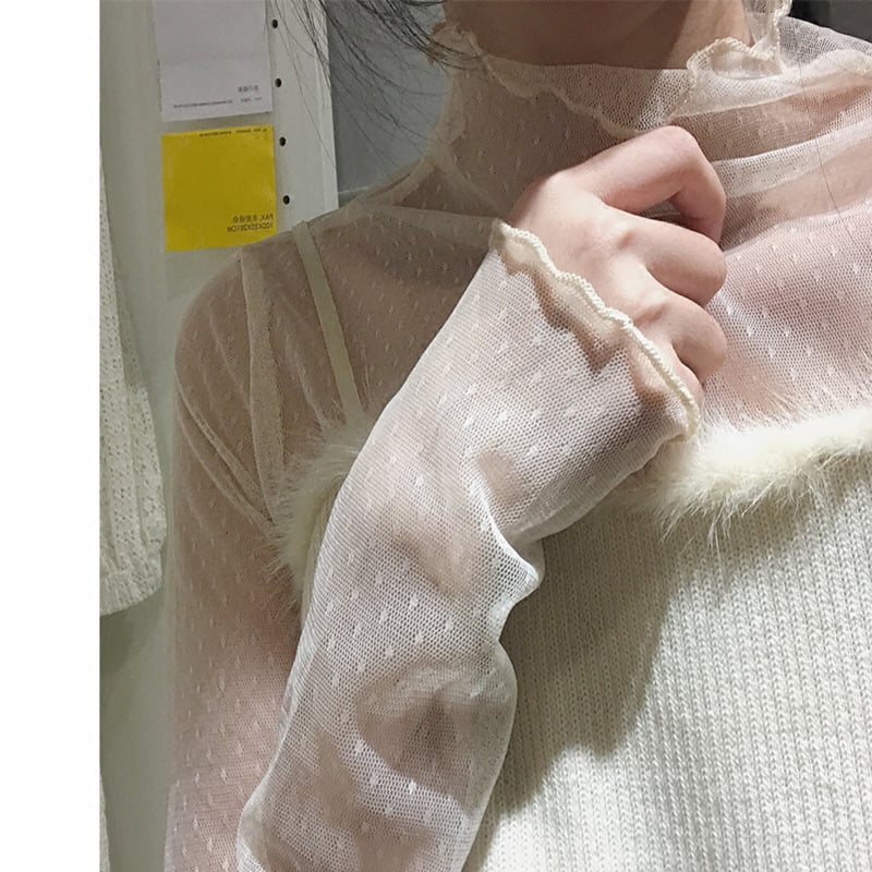 Női hosszú ujjú háló felső csipés belsővel, kerek nyakú, poliészter 95%+, pulóver stílus, szabálytalan szabás, hossz 65–80 cm