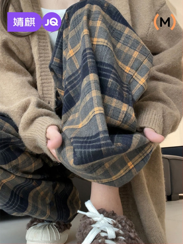 Tehotenské kockované voľné nohavice s flecom, na jeseň–zimu, podpora brucha, vlnená zmes (polyester 50–70%, bavlna <30%), mikroelastické, dĺžka po podlahe