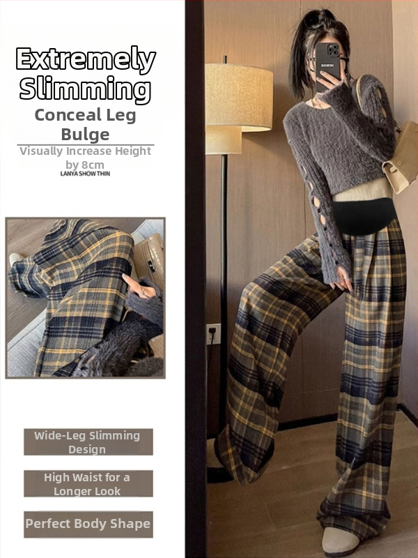 Tehotenské kockované voľné nohavice s flecom, na jeseň–zimu, podpora brucha, vlnená zmes (polyester 50–70%, bavlna <30%), mikroelastické, dĺžka po podlahe