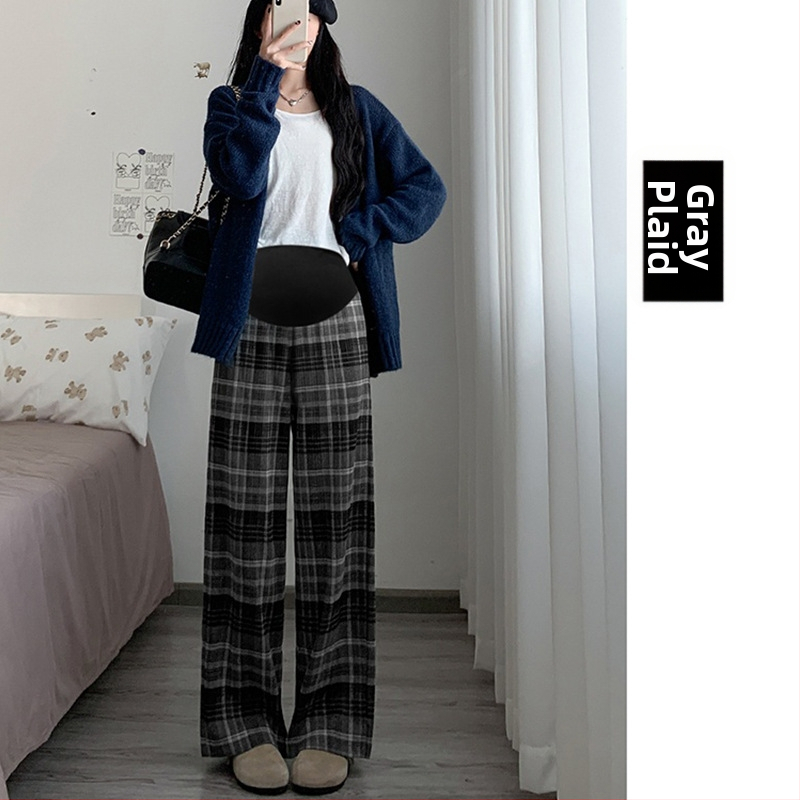 Tehotenské kockované voľné nohavice s flecom, na jeseň–zimu, podpora brucha, vlnená zmes (polyester 50–70%, bavlna <30%), mikroelastické, dĺžka po podlahe