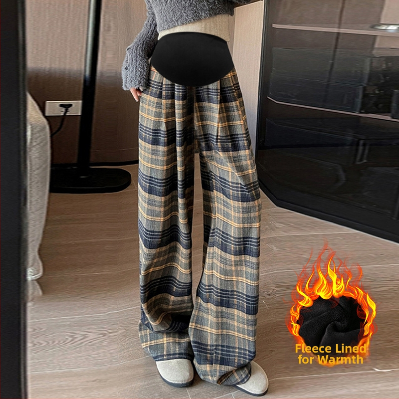 Tehotenské kockované voľné nohavice s flecom, na jeseň–zimu, podpora brucha, vlnená zmes (polyester 50–70%, bavlna <30%), mikroelastické, dĺžka po podlahe