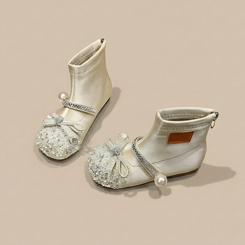 Ghete cu cristale din piele sintetică, căptușeală fleece, fermoar pe spate, talpă din cauciuc, toamnă-iarnă 2025