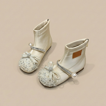 Ghete cu cristale din piele sintetică, căptușeală fleece, fermoar pe spate, talpă din cauciuc, toamnă-iarnă 2025