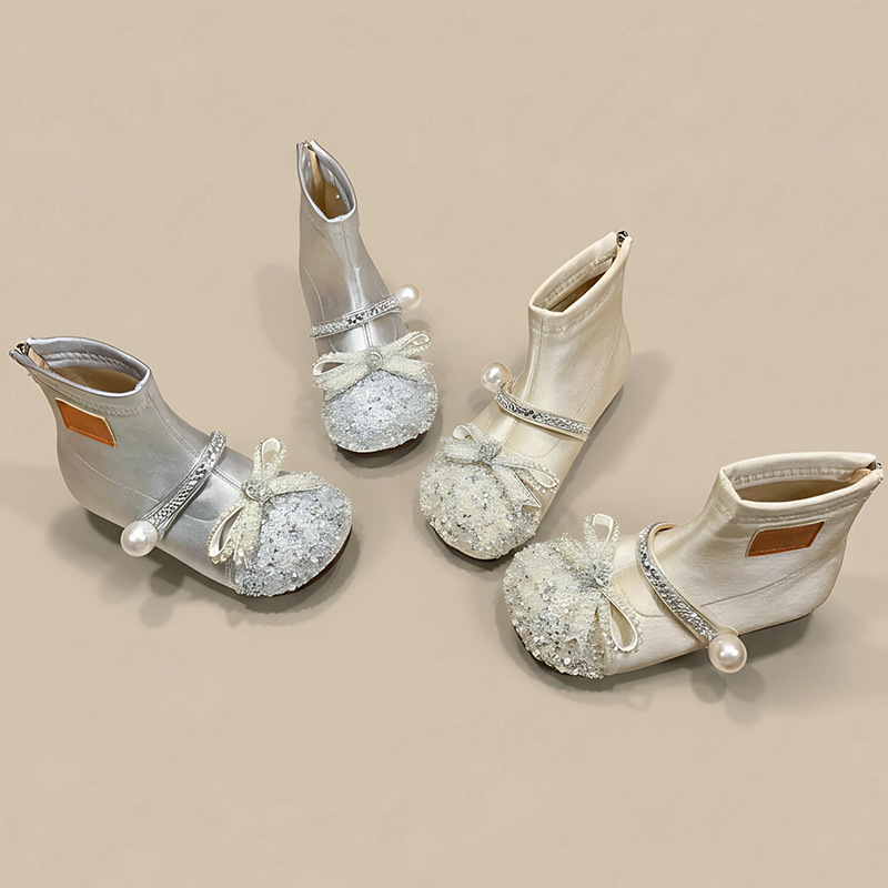 Ghete cu cristale din piele sintetică, căptușeală fleece, fermoar pe spate, talpă din cauciuc, toamnă-iarnă 2025