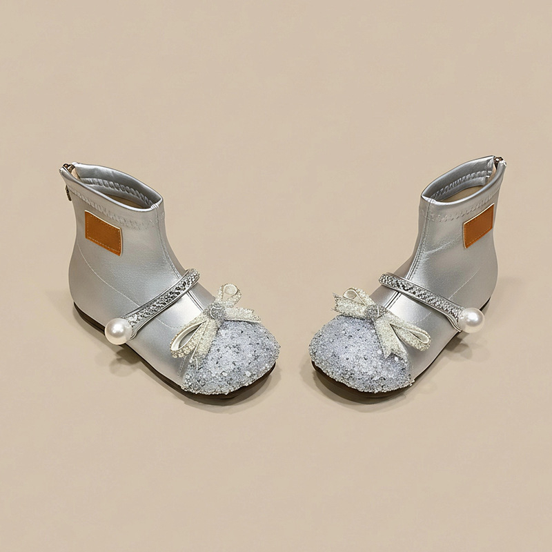 Ghete cu cristale din piele sintetică, căptușeală fleece, fermoar pe spate, talpă din cauciuc, toamnă-iarnă 2025