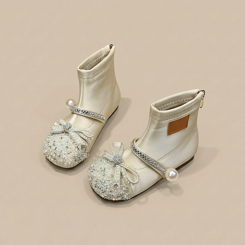 Ghete cu cristale din piele sintetică, căptușeală fleece, fermoar pe spate, talpă din cauciuc, toamnă-iarnă 2025