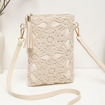 Geantă de umăr croșetată, cu fermoar, PVC material, formă pătrată mică, buzunar pentru telefon, căptușeală poliester