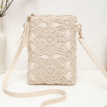 Geantă de umăr croșetată, cu fermoar, PVC material, formă pătrată mică, buzunar pentru telefon, căptușeală poliester