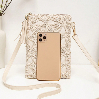 Geantă de umăr croșetată, cu fermoar, PVC material, formă pătrată mică, buzunar pentru telefon, căptușeală poliester