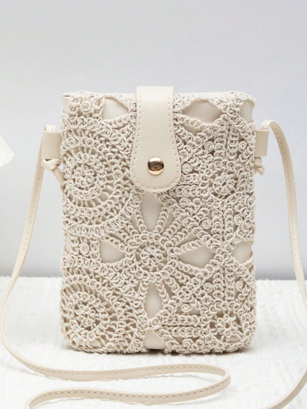 Geantă de umăr croșetată, cu fermoar, PVC material, formă pătrată mică, buzunar pentru telefon, căptușeală poliester