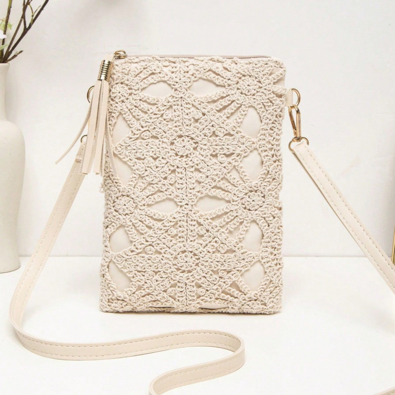 Geantă de umăr croșetată, cu fermoar, PVC material, formă pătrată mică, buzunar pentru telefon, căptușeală poliester