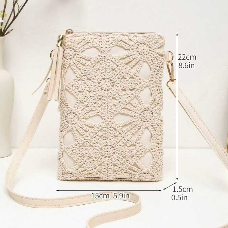 Geantă de umăr croșetată, cu fermoar, PVC material, formă pătrată mică, buzunar pentru telefon, căptușeală poliester