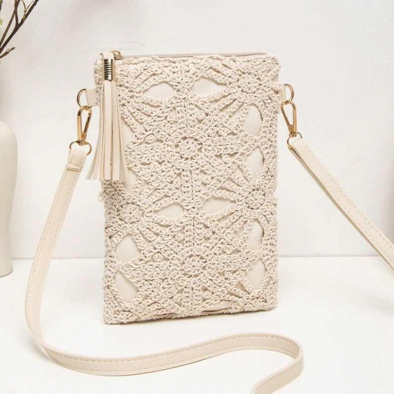 Geantă de umăr croșetată, cu fermoar, PVC material, formă pătrată mică, buzunar pentru telefon, căptușeală poliester