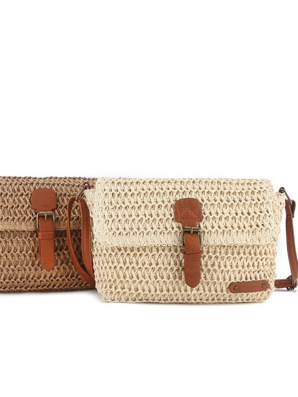 Ženska pletena crossbody torba — gradski minimalistički stil, slamnat materijal, horizontalan kvadratni oblik, unutarnja džep sa zipom, podstava od poliestera, s jednim naramenicom, Zoe