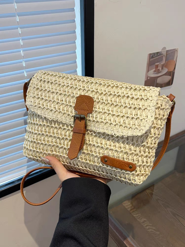 Ženska pletena crossbody torba — gradski minimalistički stil, slamnat materijal, horizontalan kvadratni oblik, unutarnja džep sa zipom, podstava od poliestera, s jednim naramenicom, Zoe