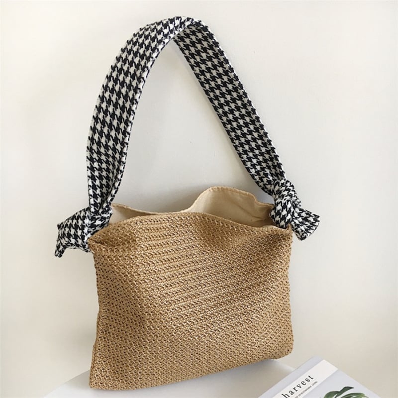 Geantă de plajă din pai împletită - formă orizontală pătrată, căptușeală poliester, închidere cu magnet, buzunar interior cu fermoar