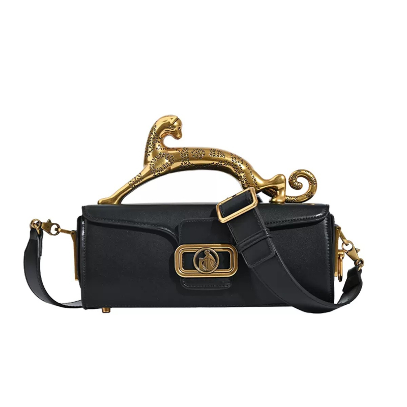 Geantă din piele naturală cu mâner leopard, formă pătrată orizontală, închidere cu capac, căptușeală din piele de miel, buzunar pentru telefon și buzunar cu fermoar în interior