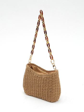 Geantă de umăr împletită manual din paie, stil lejer, pentru vacanțe la plajă, cu fermoar, căptușeală poliester, curea unică