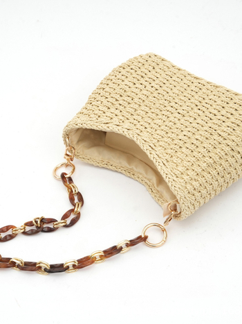 Geantă de umăr împletită manual din paie, stil lejer, pentru vacanțe la plajă, cu fermoar, căptușeală poliester, curea unică