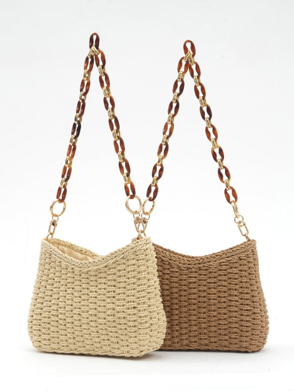 Geantă de umăr împletită manual din paie, stil lejer, pentru vacanțe la plajă, cu fermoar, căptușeală poliester, curea unică