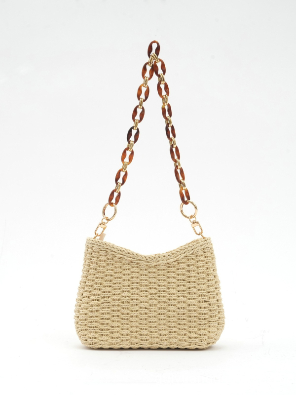 Geantă de umăr împletită manual din paie, stil lejer, pentru vacanțe la plajă, cu fermoar, căptușeală poliester, curea unică