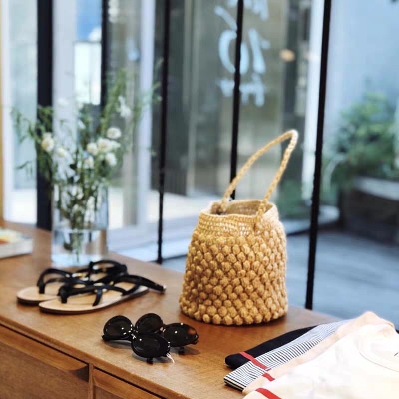 Ayani geantă din paie - stil stradal pentru femei, geantă bucket, închidere cu bandă