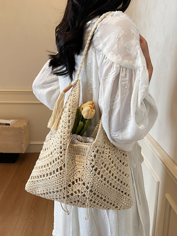 Szabadidős utazási textil tote táska nőknek, húzózsinór zárás, poliészter bélés, dumpling alakú