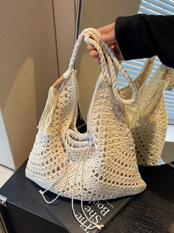 Szabadidős utazási textil tote táska nőknek, húzózsinór zárás, poliészter bélés, dumpling alakú